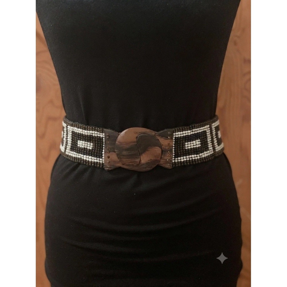 Boho Beaded Stretch Belt Brown White interlocking Wood Buckle Elastic Waist‎ 27"